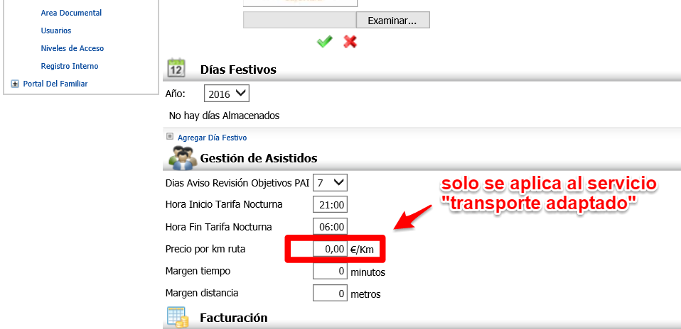 Configuración del Precio por kilómetro para el Servicio de Transporte Adaptado