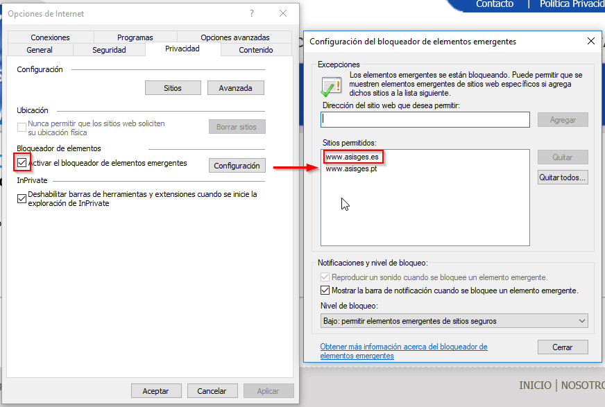 Deshabilitar el bloqueador de Elementos Emergentes para la plataforma ASISGES