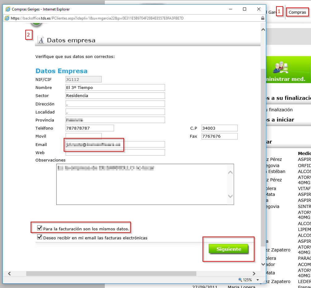 Primera Pantalla del Proceso de Compras. Formulario emergente de GERIGES