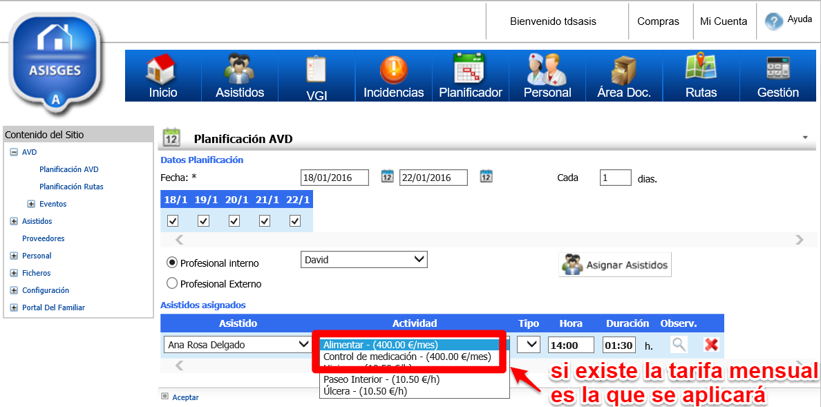Planificación de un servicio con tarifa mensual