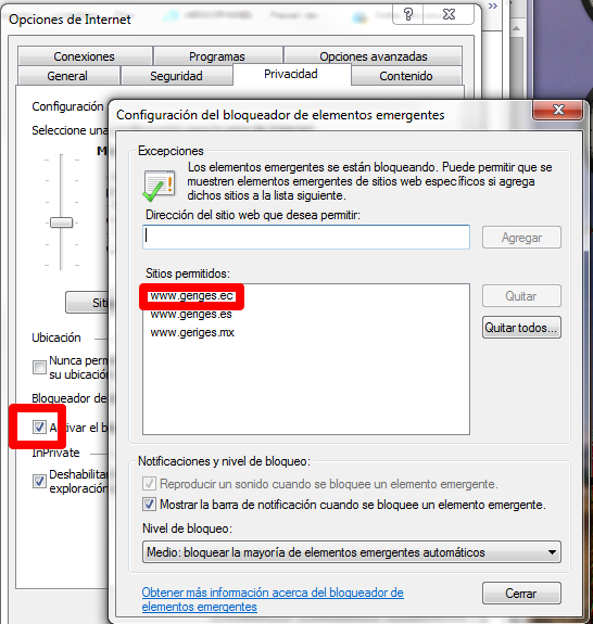 Configuración del Bloqueador de Elementos Emergentes en Geriges