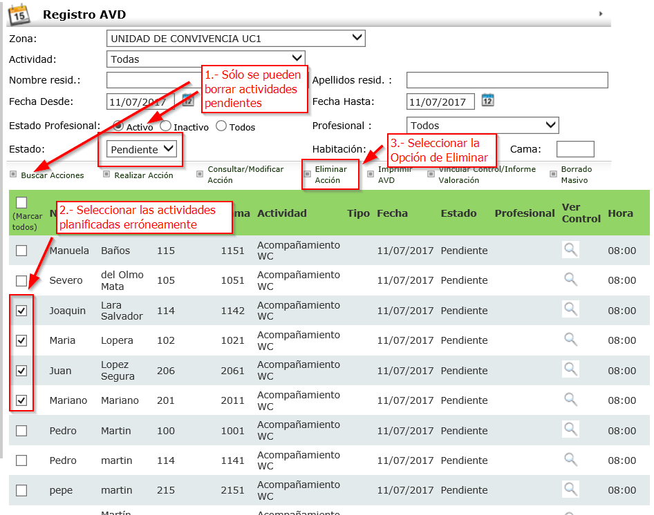 Borrado Múltiple de Actividades Pendientes en la Residencia