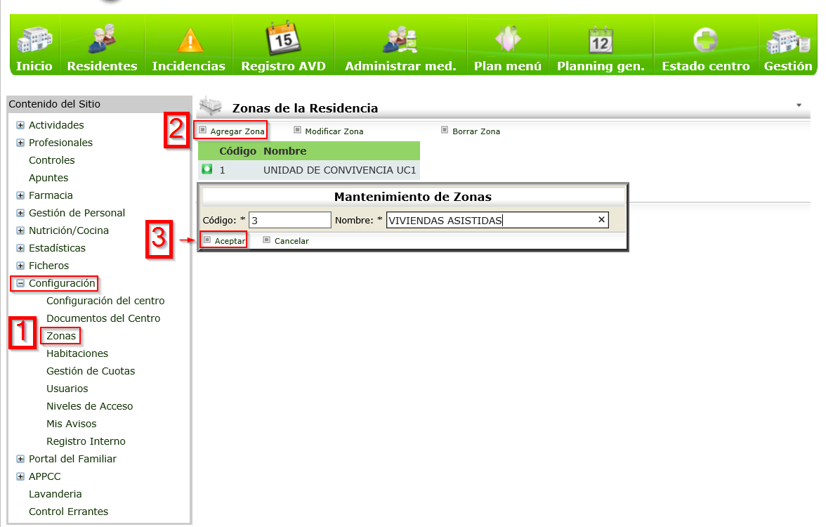 Geriges - Agregar Zonas