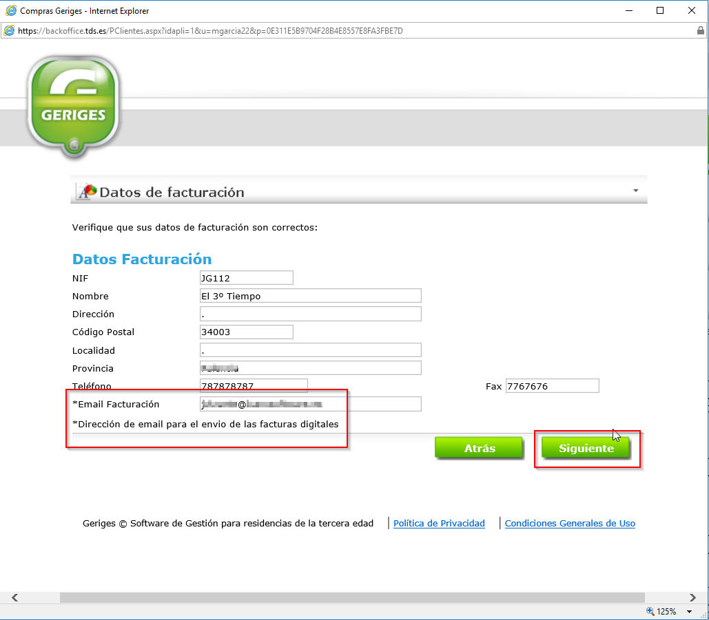 Datos de Facturación si no coinciden con los de Registro