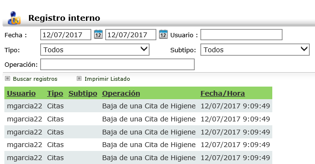 Huella del Borrado Múltiple en el Registro Interno de la Aplicación