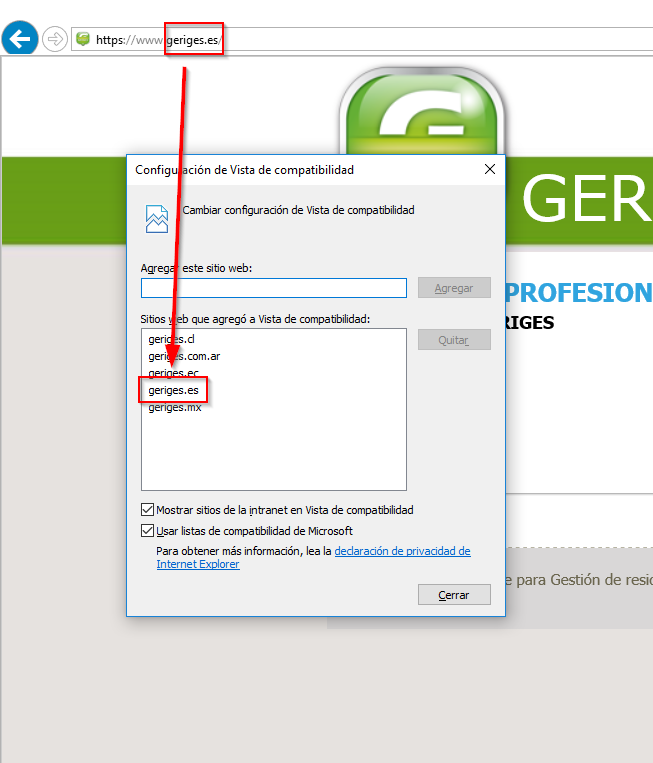Configuración del Modo de Compatibilidad para el dominio correspondiente a su versión de GERIGES