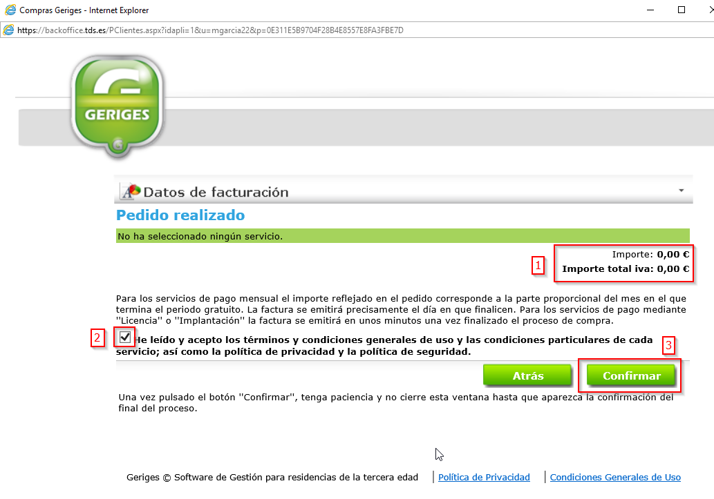 Formulario resumen del Pedido en la Contratación de GERIGES