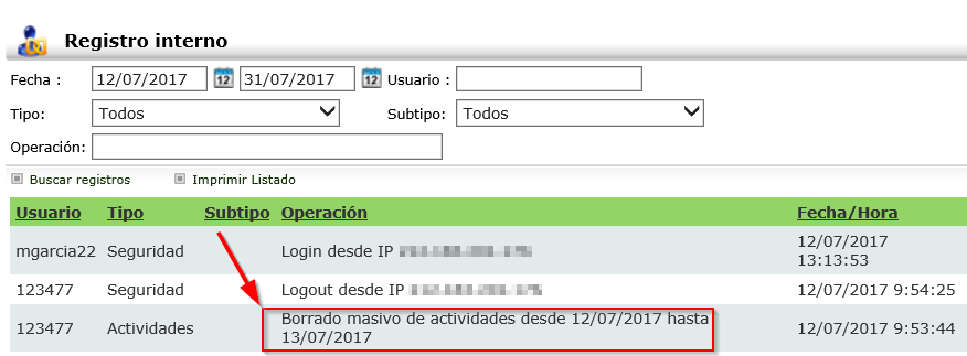 Evento en el registro interno cuando se hace un borrado masivo