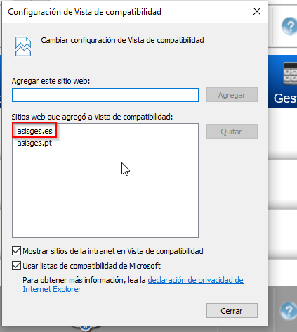 Configuración de modo Vista de compatibilidad para IE 11 con la plataforma ASISGES.COM