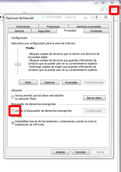 Configuración Bloqueador de Elementos Emergentes en Internet Explorer