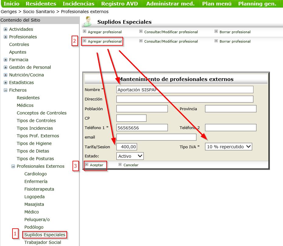 Definición del Suplido mediante el formulario de mantenimiento de Profesionales Externos