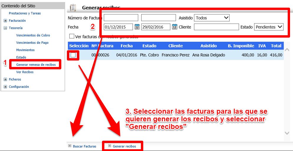 Seleccionar las facturas para generar recibos